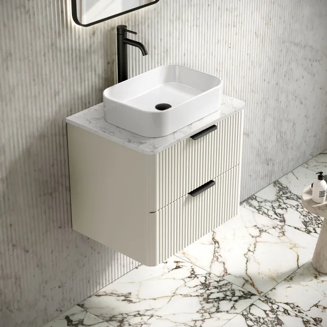Cadiz Fluted Linen White Wall Hung Drawer Vanity with Marble Top 600mm (Excludes Basin) - Black Accents