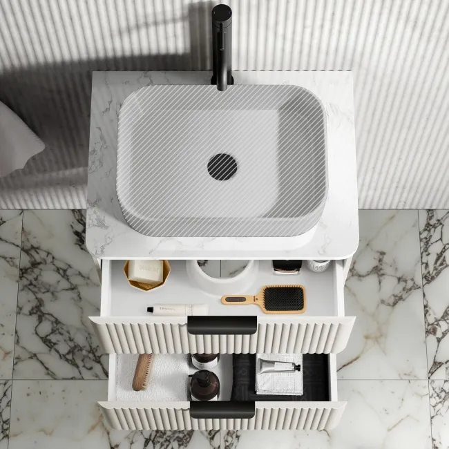 Cadiz Fluted Linen White Wall Hung Drawer Vanity with Marble Top 600mm (Excludes Basin) - Black Accents