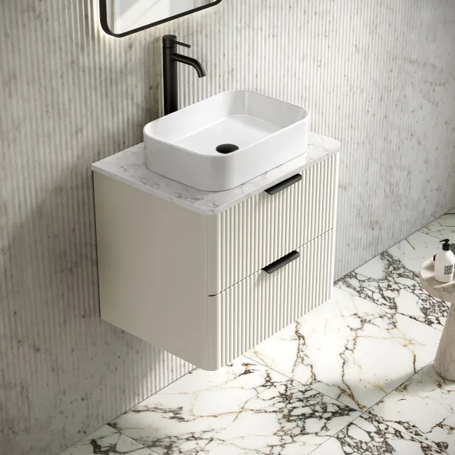 Cadiz Fluted Linen White Wall Hung Drawer Vanity with Marble Top & Marin Basin 600mm - Black Accents
