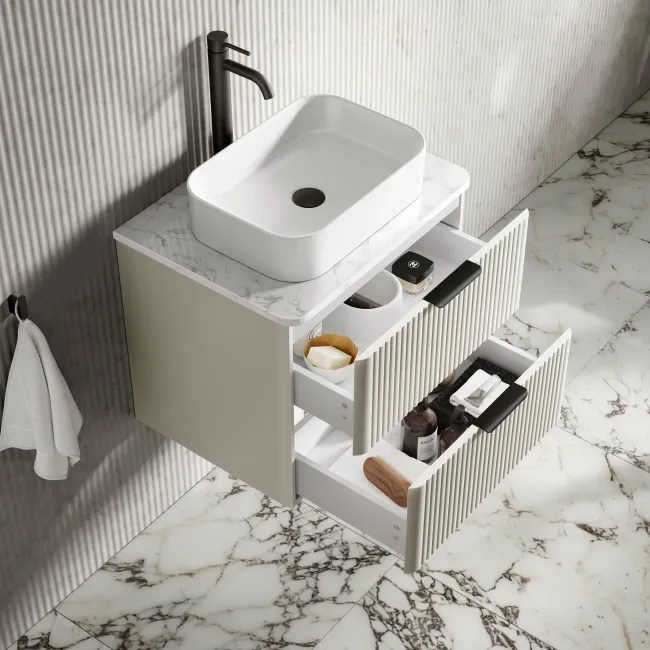 Cadiz Fluted Linen White Wall Hung Drawer Vanity with Marble Top & Marin Basin 600mm - Black Accents