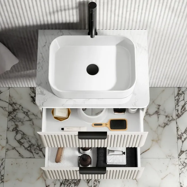 Cadiz Fluted Linen White Wall Hung Drawer Vanity with Marble Top & Marin Basin 600mm - Black Accents