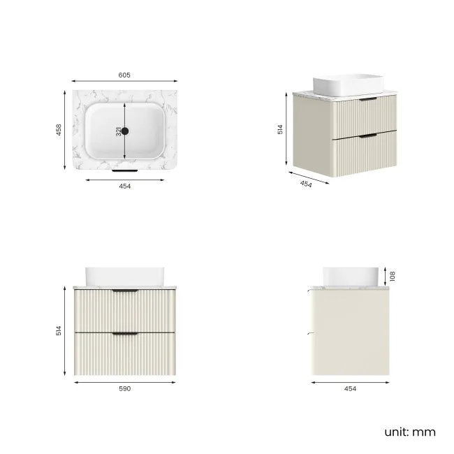 Cadiz Fluted Linen White Wall Hung Drawer Vanity with Marble Top & Marin Basin 600mm - Black Accents