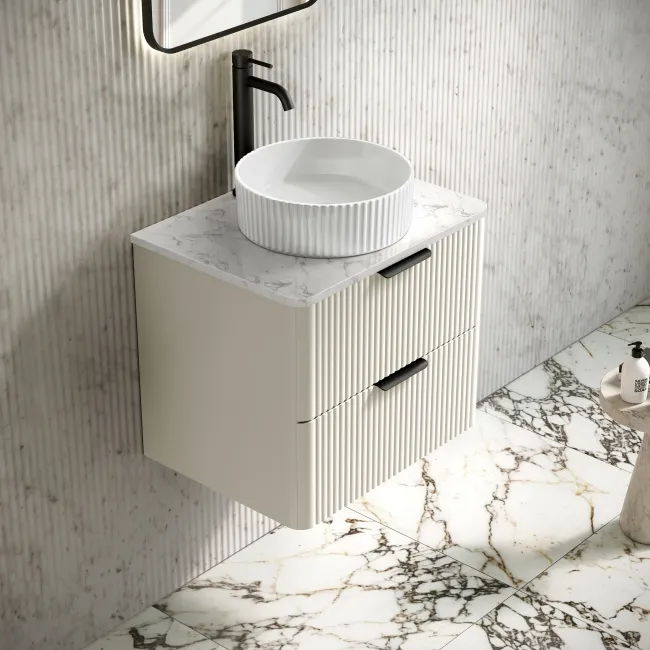 Cadiz Fluted Linen White Wall Hung Drawer Vanity with Marble Top & Nevis Basin 600mm - Black Accents