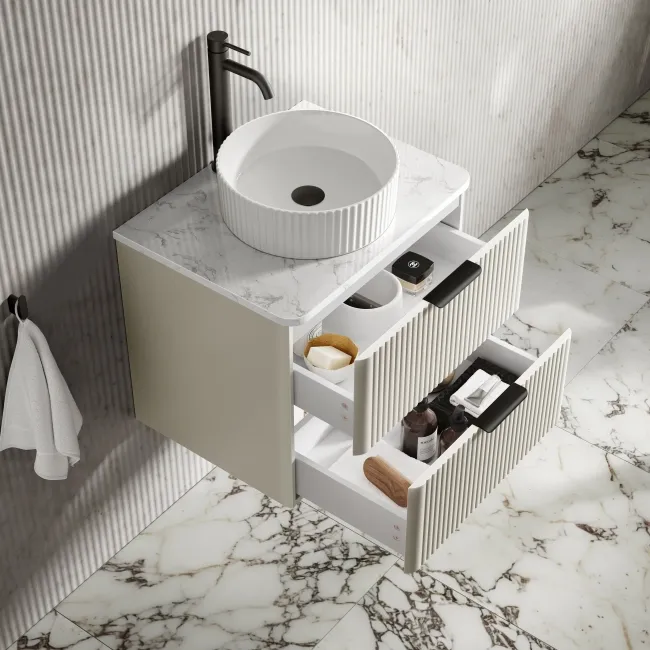 Cadiz Fluted Linen White Wall Hung Drawer Vanity with Marble Top & Nevis Basin 600mm - Black Accents