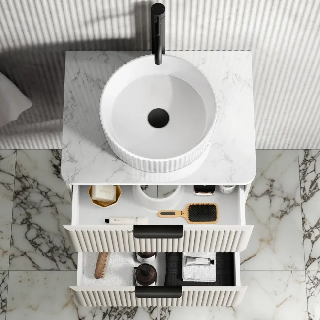 Cadiz Fluted Linen White Wall Hung Drawer Vanity with Marble Top & Nevis Basin 600mm - Black Accents