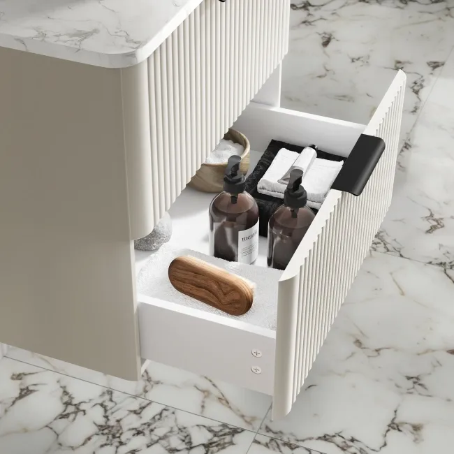 Cadiz Fluted Linen White Wall Hung Drawer Vanity with Marble Top & Nevis Basin 600mm - Black Accents