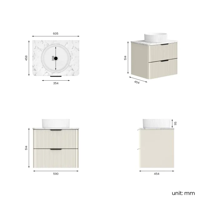 Cadiz Fluted Linen White Wall Hung Drawer Vanity with Marble Top & Nevis Basin 600mm - Black Accents
