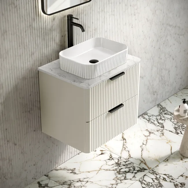 Cadiz Fluted Linen White Wall Hung Drawer Vanity with Marble Top & Reno Basin 600mm - Black Accents