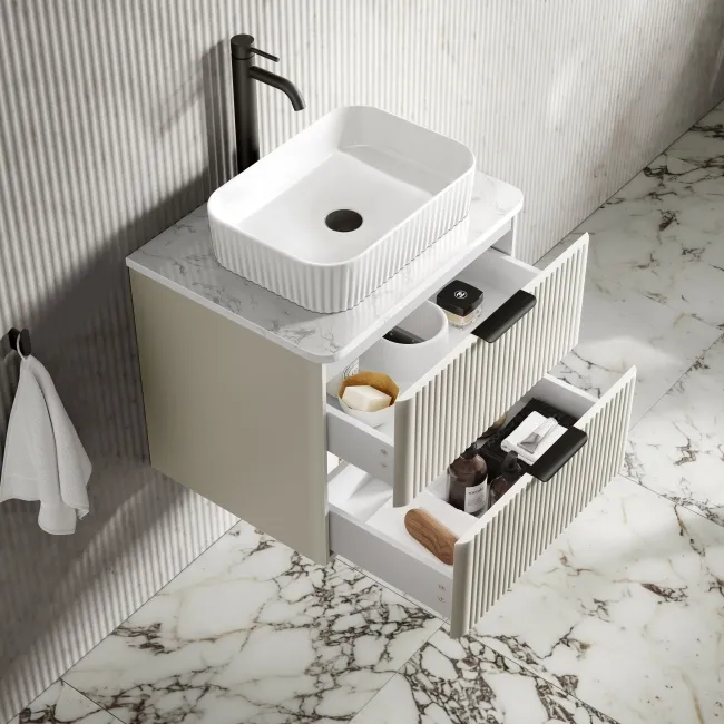 Cadiz Fluted Linen White Wall Hung Drawer Vanity with Marble Top & Reno Basin 600mm - Black Accents