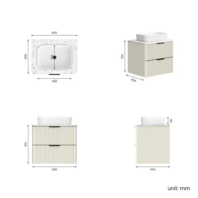 Cadiz Fluted Linen White Wall Hung Drawer Vanity with Marble Top & Reno Basin 600mm - Black Accents