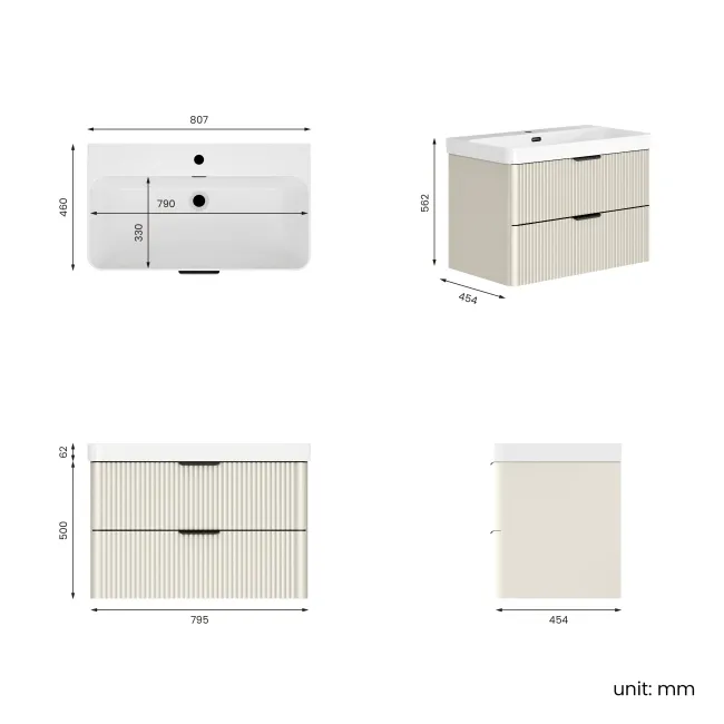 Cadiz Fluted Linen White Wall Hung Basin Drawer Vanity 800mm - Black Accents