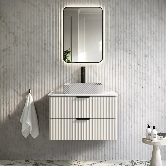 Cadiz Fluted Linen White Wall Hung Drawer Vanity with Marble Top 800mm (Excludes Basin) - Black Accents