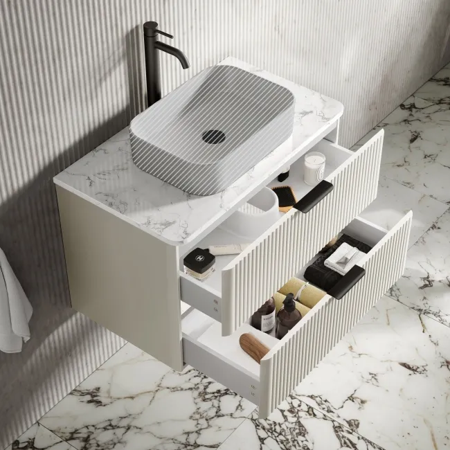 Cadiz Fluted Linen White Wall Hung Drawer Vanity with Marble Top 800mm (Excludes Basin) - Black Accents