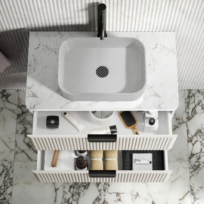 Cadiz Fluted Linen White Wall Hung Drawer Vanity with Marble Top 800mm (Excludes Basin) - Black Accents