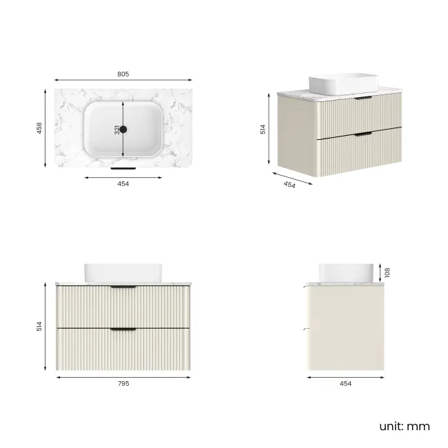 Cadiz Fluted Linen White Wall Hung Drawer Vanity with Marble Top & Marin Basin 800mm - Black Accents