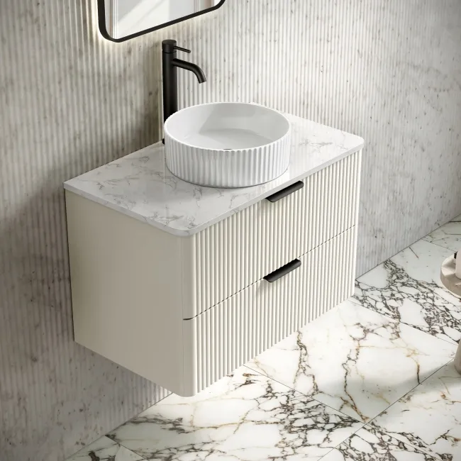 Cadiz Fluted Linen White Wall Hung Drawer Vanity with Marble Top & Nevis Basin 800mm - Black Accents