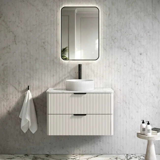 Cadiz Fluted Linen White Wall Hung Drawer Vanity with Marble Top & Nevis Basin 800mm - Black Accents