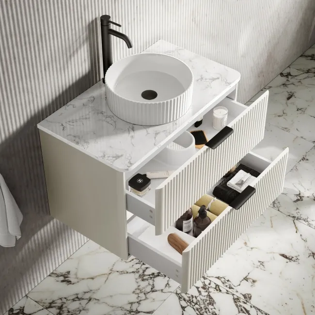 Cadiz Fluted Linen White Wall Hung Drawer Vanity with Marble Top & Nevis Basin 800mm - Black Accents