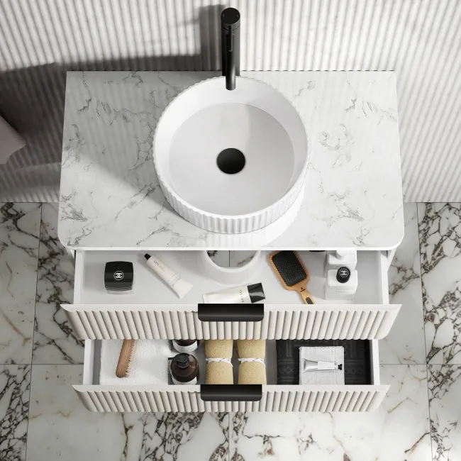 Cadiz Fluted Linen White Wall Hung Drawer Vanity with Marble Top & Nevis Basin 800mm - Black Accents