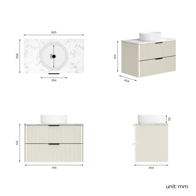 Cadiz Fluted Linen White Wall Hung Drawer Vanity with Marble Top & Nevis Basin 800mm - Black Accents