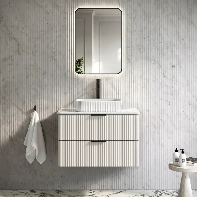 Cadiz Fluted Linen White Wall Hung Drawer Vanity with Marble Top & Reno Basin 800mm - Black Accents