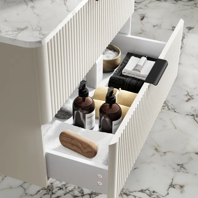 Cadiz Fluted Linen White Wall Hung Drawer Vanity with Marble Top & Reno Basin 800mm - Black Accents