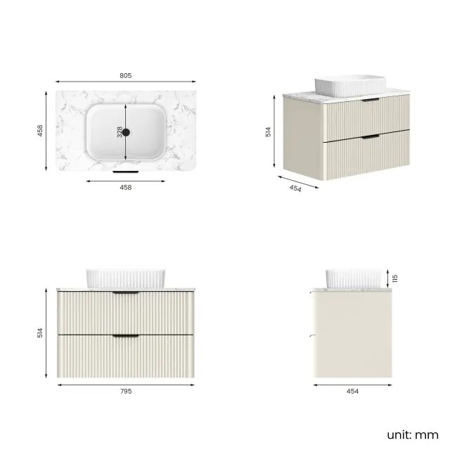 Cadiz Fluted Linen White Wall Hung Drawer Vanity with Marble Top & Reno Basin 800mm - Black Accents