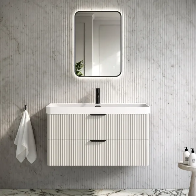 Cadiz Fluted Linen White Wall Hung Basin Drawer Vanity 1000mm - Black Accents