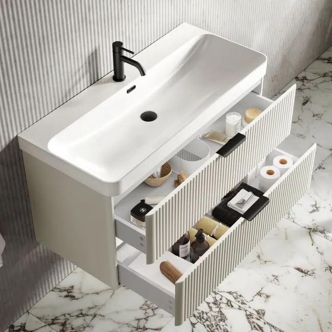 Cadiz Fluted Linen White Wall Hung Basin Drawer Vanity 1000mm - Black Accents