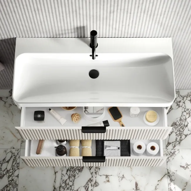 Cadiz Fluted Linen White Wall Hung Basin Drawer Vanity 1000mm - Black Accents