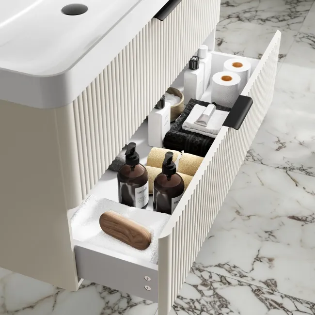 Cadiz Fluted Linen White Wall Hung Basin Drawer Vanity 1000mm - Black Accents