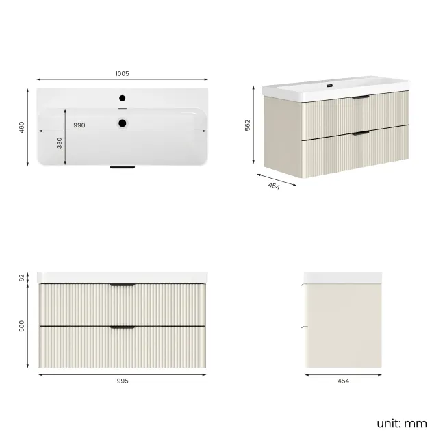 Cadiz Fluted Linen White Wall Hung Basin Drawer Vanity 1000mm - Black Accents