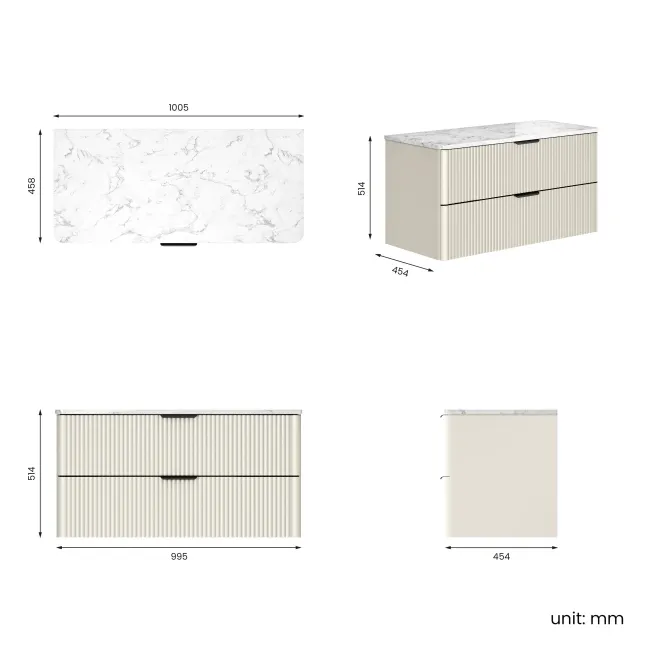 Cadiz Fluted Linen White Wall Hung Drawer Vanity with Marble Top 1000mm (Excludes Basin) - Black Accents