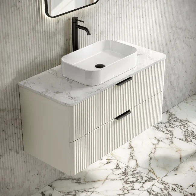 Cadiz Fluted Linen White Wall Hung Drawer Vanity with Marble Top & Marin Basin 1000mm - Black Accents
