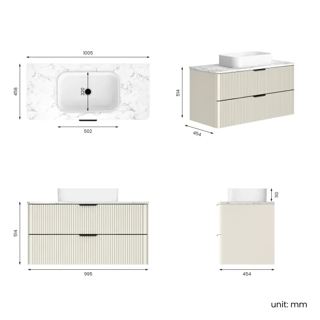 Cadiz Fluted Linen White Wall Hung Drawer Vanity with Marble Top & Marin Basin 1000mm - Black Accents