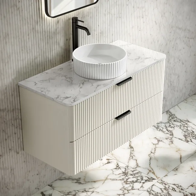 Cadiz Fluted Linen White Wall Hung Drawer Vanity with Marble Top & Nevis Basin 1000mm - Black Accents