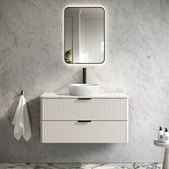 Cadiz Fluted Linen White Wall Hung Drawer Vanity with Marble Top & Nevis Basin 1000mm - Black Accents
