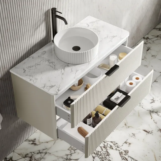 Cadiz Fluted Linen White Wall Hung Drawer Vanity with Marble Top & Nevis Basin 1000mm - Black Accents