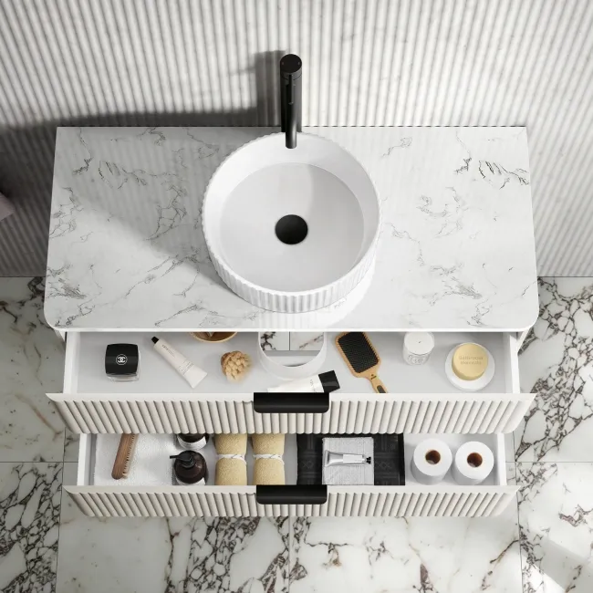 Cadiz Fluted Linen White Wall Hung Drawer Vanity with Marble Top & Nevis Basin 1000mm - Black Accents