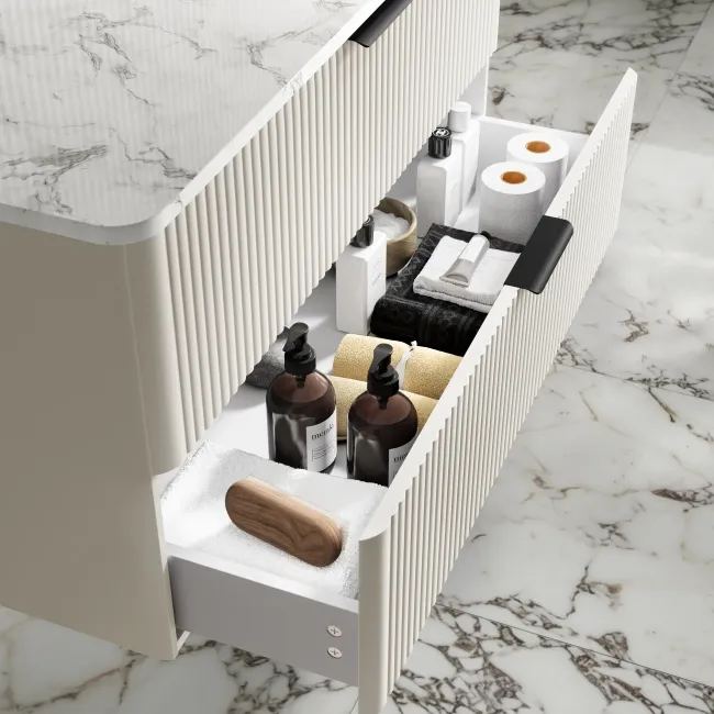 Cadiz Fluted Linen White Wall Hung Drawer Vanity with Marble Top & Nevis Basin 1000mm - Black Accents