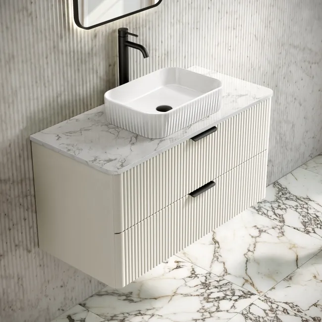 Cadiz Fluted Linen White Wall Hung Drawer Vanity with Marble Top & Reno Basin 1000mm - Black Accents