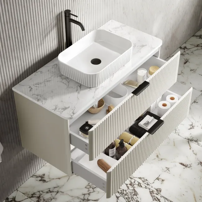Cadiz Fluted Linen White Wall Hung Drawer Vanity with Marble Top & Reno Basin 1000mm - Black Accents