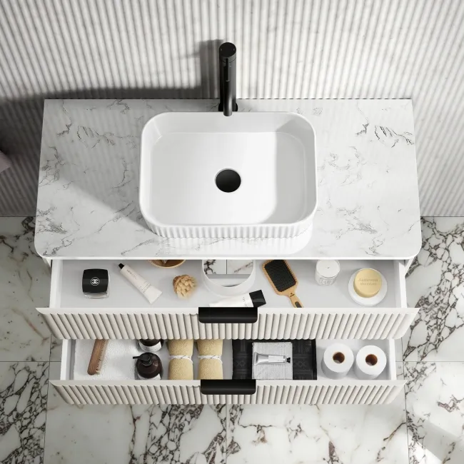 Cadiz Fluted Linen White Wall Hung Drawer Vanity with Marble Top & Reno Basin 1000mm - Black Accents