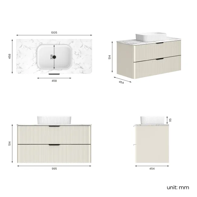 Cadiz Fluted Linen White Wall Hung Drawer Vanity with Marble Top & Reno Basin 1000mm - Black Accents