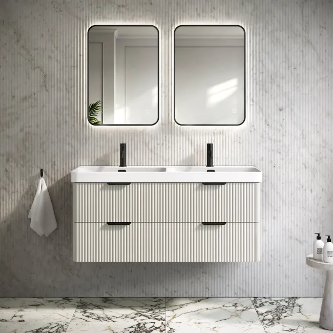 Cadiz Fluted Linen White Wall Hung Double Basin Drawer Vanity 1200mm - Black Accents
