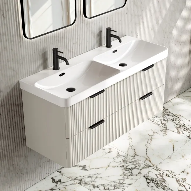 Cadiz Fluted Linen White Wall Hung Double Basin Drawer Vanity 1200mm - Black Accents