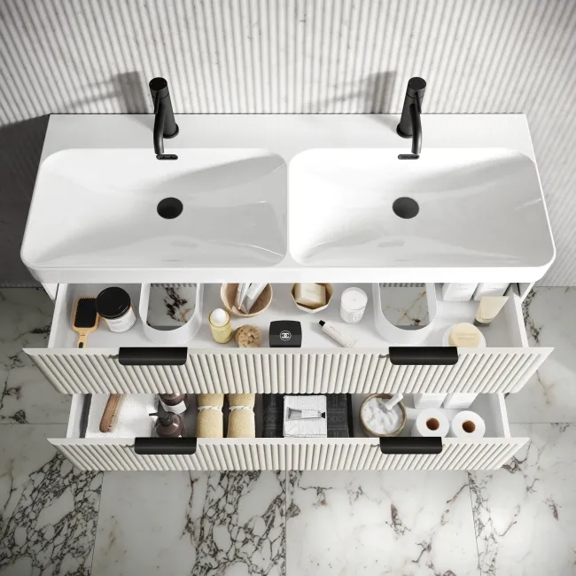 Cadiz Fluted Linen White Wall Hung Double Basin Drawer Vanity 1200mm - Black Accents
