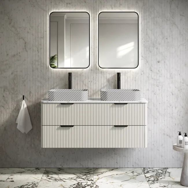 Cadiz Fluted Linen White Double Wall Hung Drawer Vanity with Marble Top 1200mm (Excludes Basin) - Black Accents