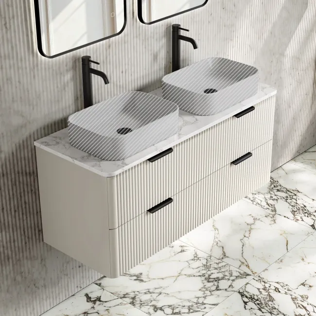 Cadiz Fluted Linen White Double Wall Hung Drawer Vanity with Marble Top 1200mm (Excludes Basin) - Black Accents