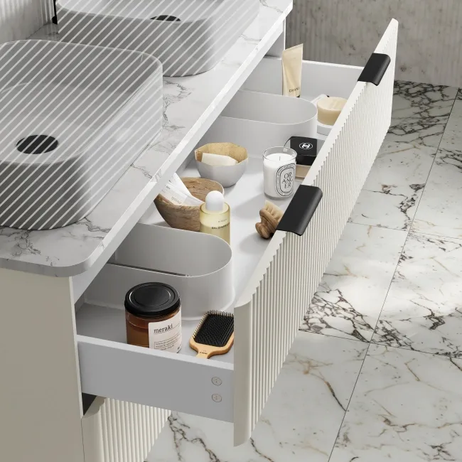 Cadiz Fluted Linen White Double Wall Hung Drawer Vanity with Marble Top 1200mm (Excludes Basin) - Black Accents